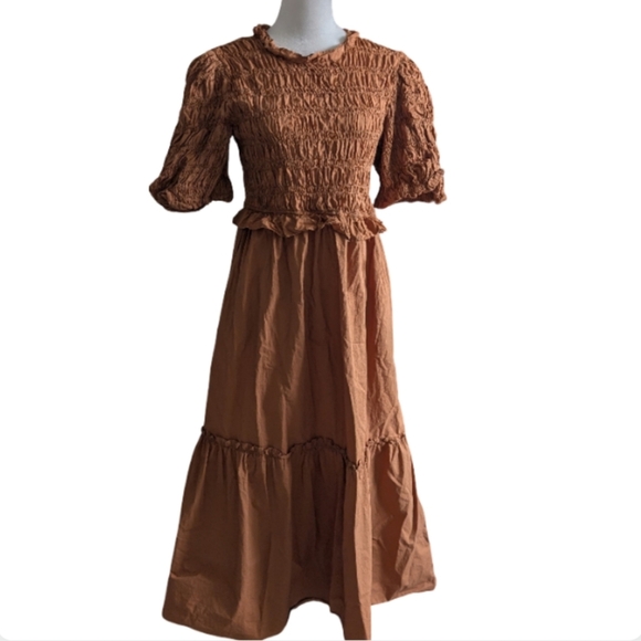 Anthropologie Moon River Caramel Smocked Midi Dress Puff Sleeve M - Picture 8 of 15